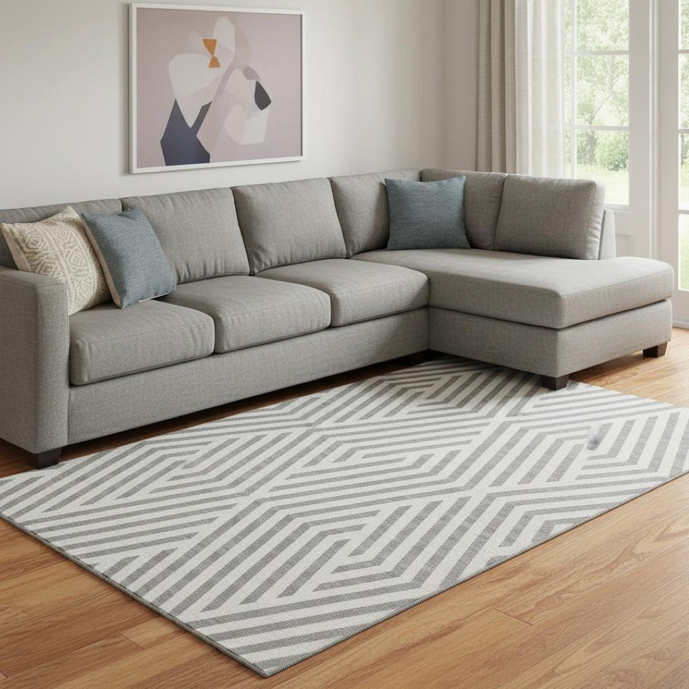 HomeRoots 10' X 14' Gray and Ivory Geometric Area Rug – Washable, UV-Protected, Stain-Resistant for Home Style 648544