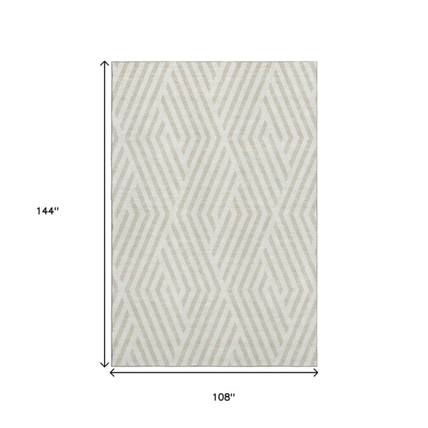 HomeRoots 9' X 12' Ivory and Beige Geometric Area Rug – Washable, UV Protected, and Stylish for Any Room 648549