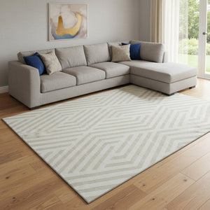 HomeRoots 10' X 14' Ivory Geometric Area Rug - Washable, UV Protected, Modern Design for Stylish Living Spaces 648550