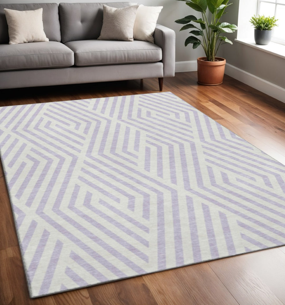 HomeRoots 5' X 8' Modern Lavender & Ivory Geometric Area Rug - Washable, UV Protected, Perfect for Any Room 648552