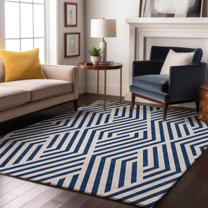 HomeRoots 5' X 8' Navy Blue & Ivory Geometric Washable Area Rug - UV Protected, Stain Resistant, Modern Style 648564