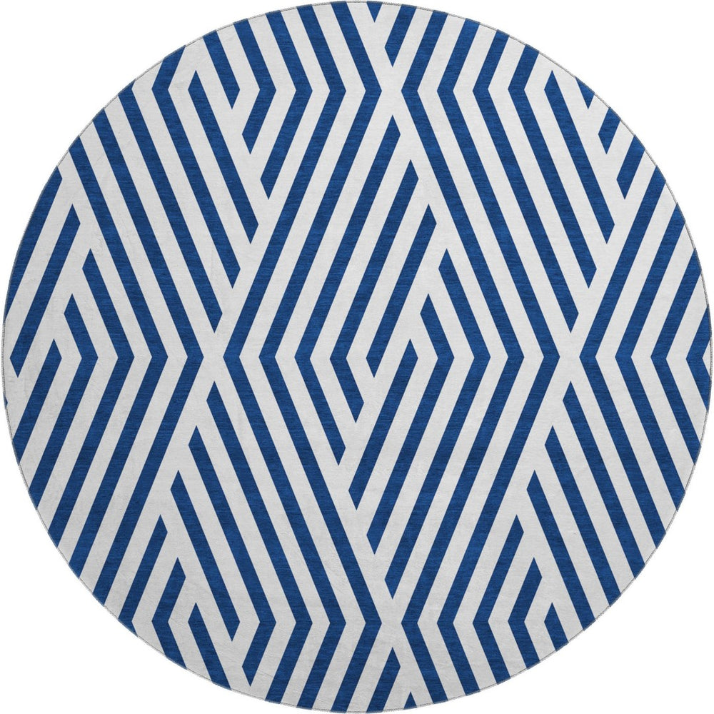 HomeRoots 8' Navy Blue & Ivory Geometric Round Rug - Washable, UV Protected, Soft & Durable for Any Space 648565