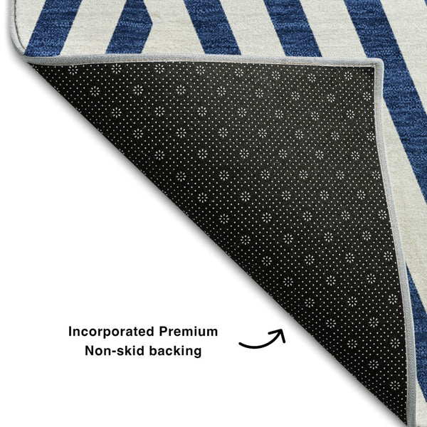 HomeRoots 8' Navy Blue & Ivory Geometric Round Rug - Washable, UV Protected, Soft & Durable for Any Space 648565