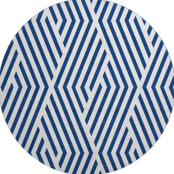 HomeRoots 8' Navy Blue & Ivory Geometric Round Rug - Washable, UV Protected, Soft & Durable for Any Space 648565