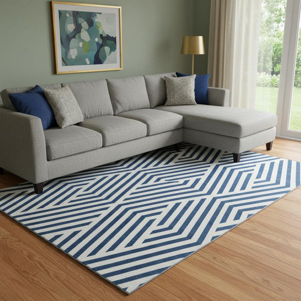 HomeRoots 8' X 10' Navy Blue Geometric Area Rug - Washable, Stain-Resistant, UV Protected for Modern Homes 648566