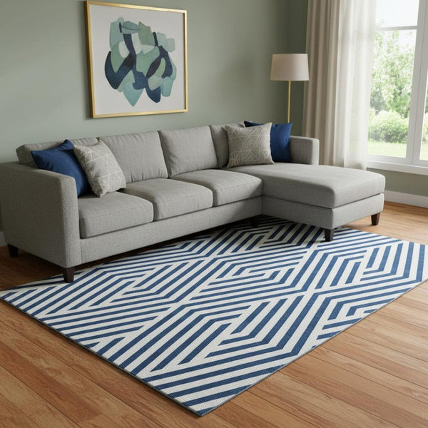 HomeRoots 9' X 12' Navy Blue Geometric Washable Area Rug with UV Protection for Modern, High-Traffic Spaces 648567