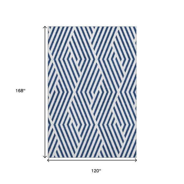 HomeRoots 10' X 14' Navy Blue & Ivory Geometric Area Rug - Washable, UV-Protected, Durable for Busy Homes 648568