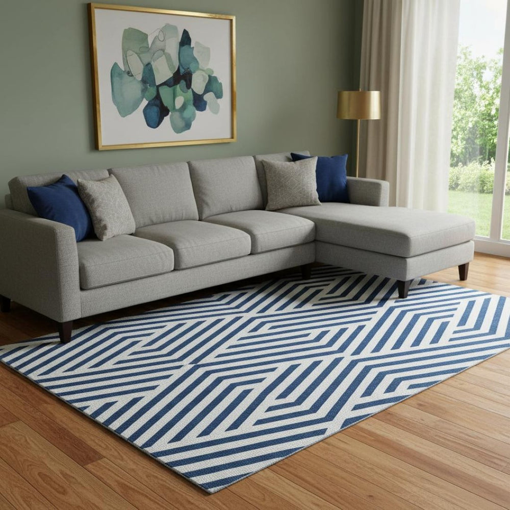 HomeRoots 10' X 14' Navy Blue & Ivory Geometric Area Rug - Washable, UV-Protected, Durable for Busy Homes 648568