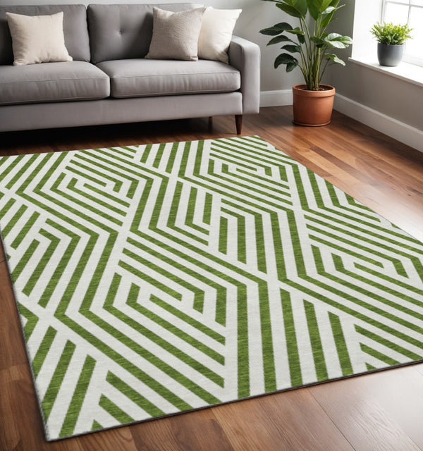 HomeRoots 5' X 8' Washable Olive Green and Ivory Geometric Area Rug with UV Protection for Modern Homes 648570