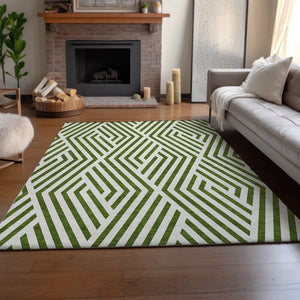 HomeRoots 5' X 8' Washable Olive Green and Ivory Geometric Area Rug with UV Protection for Modern Homes 648570