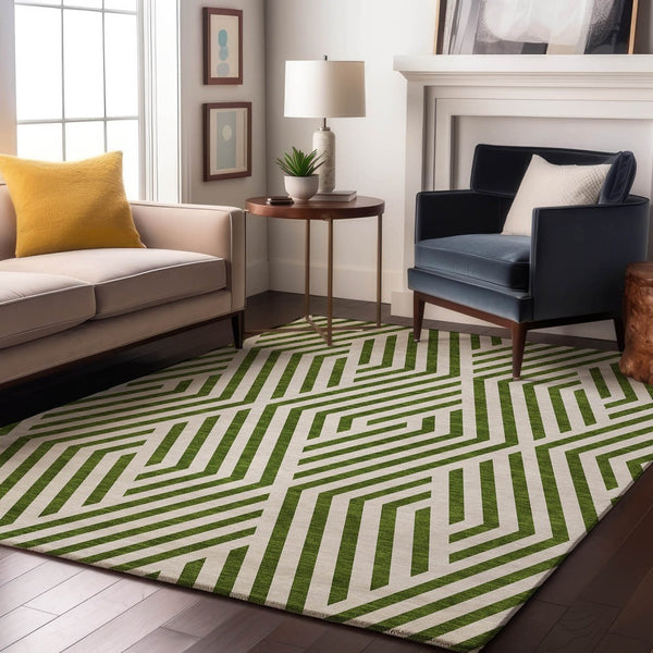 HomeRoots 8' X 10' Olive Green & Ivory Geometric Area Rug - Washable, UV Protected, Durable for Homes With Pets 648572