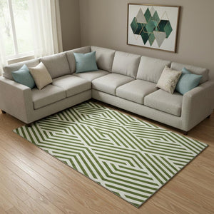 HomeRoots 9' X 12' Olive Green and Ivory Geometric Area Rug - Washable, UV Protected & Stain Resistant Design 648573