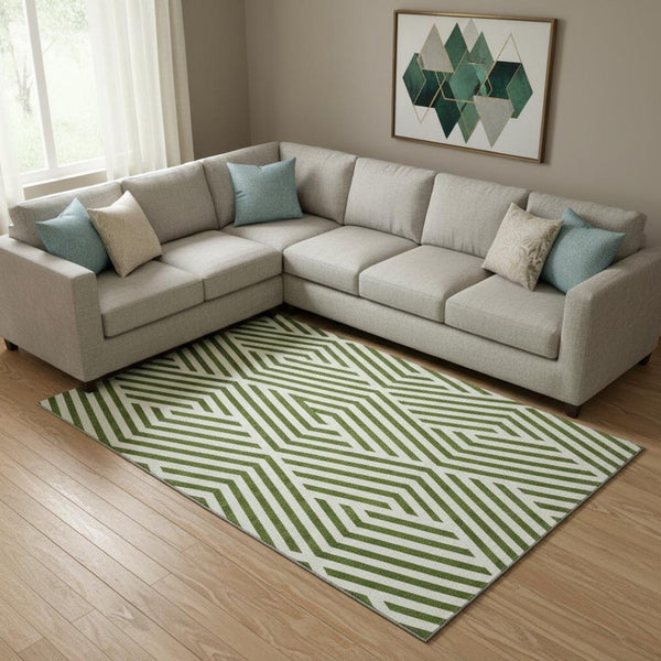 HomeRoots 9' X 12' Olive Green and Ivory Geometric Area Rug - Washable, UV Protected & Stain Resistant Design 648573