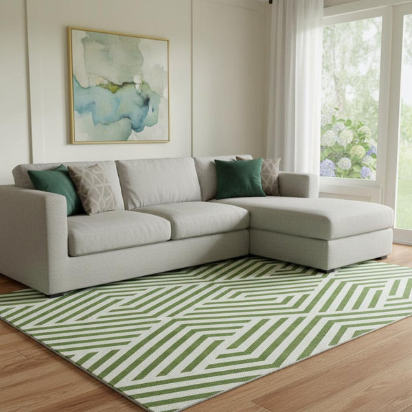 HomeRoots 10' Olive Green & Ivory Geometric Area Rug - Washable, UV Protected, Perfect for High-Traffic Spaces! 648574