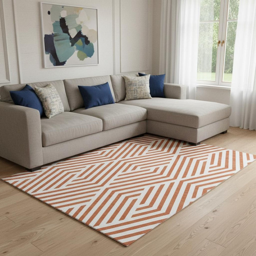 HomeRoots 8' X 10' Stylish Rust and Ivory Geometric Washable Area Rug with UV Protection for High Traffic Spaces 648578