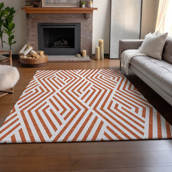 HomeRoots 9' X 12' Stylish Rust and Ivory Geometric Area Rug - Washable, UV Protected, Perfect for High-Traffic Rooms! 648579