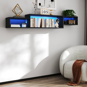 English Elm 65.35in Wall Mounted Floating TV Stand with 20 Color LEDs, Charging Station & Spacious Cable Management for Modern Entertainment Black W331P242458