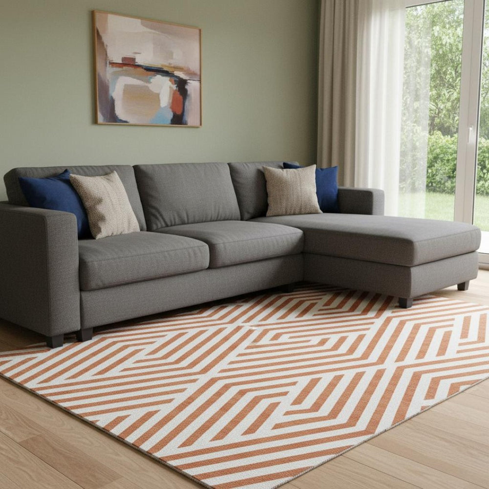 HomeRoots 10' X 14' Geometric Washable Area Rug in Rust and Ivory - UV Protected, Durable, and Stylish Design 648580