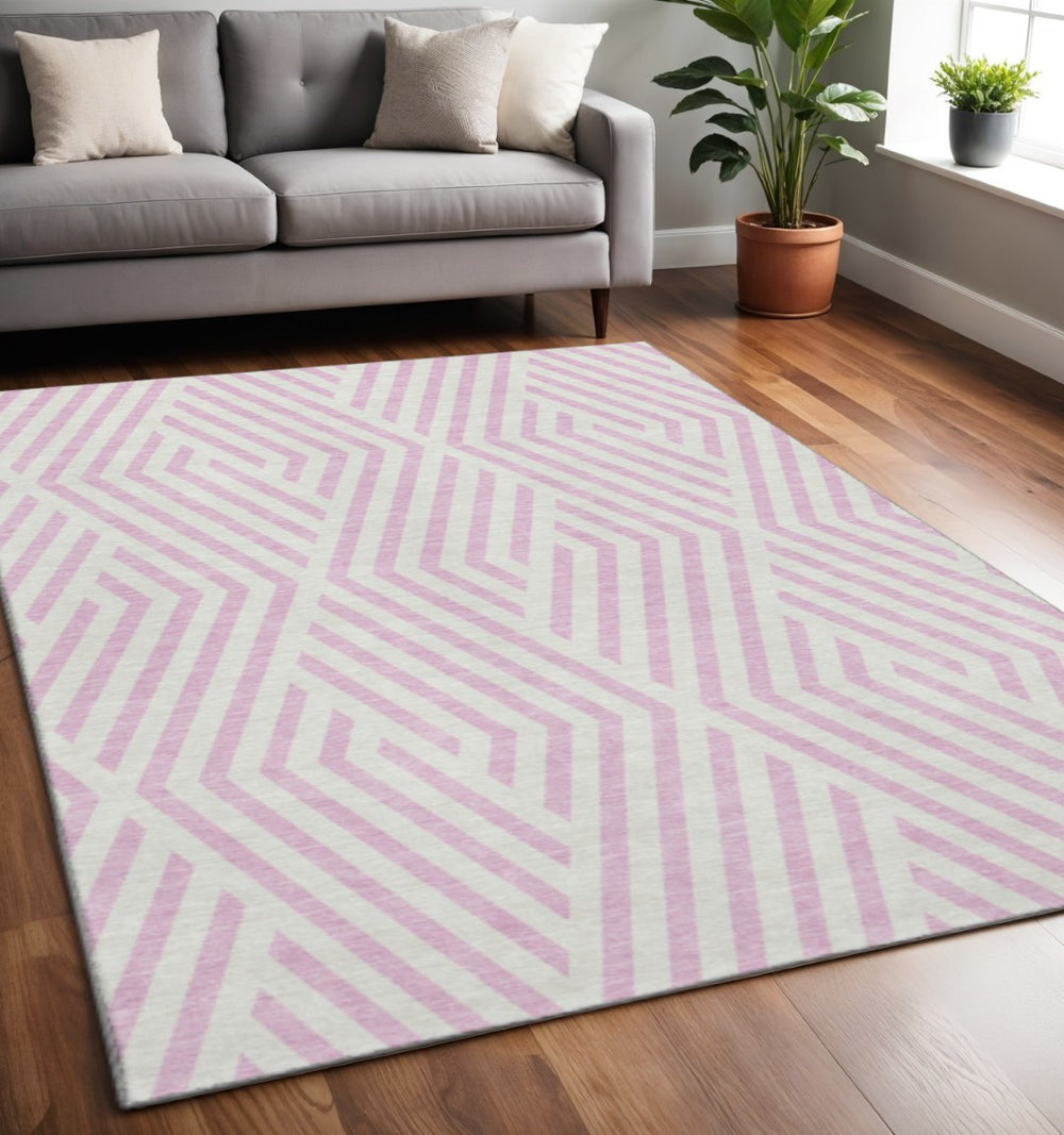 HomeRoots 5' Modern Pink & Ivory Geometric Washable Area Rug with UV Protection for Stylish Homes & Kids 648582