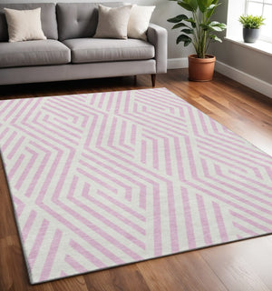HomeRoots 5' Modern Pink & Ivory Geometric Washable Area Rug with UV Protection for Stylish Homes & Kids 648582