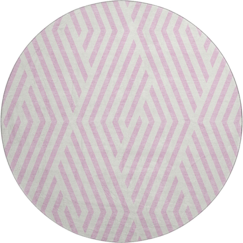 HomeRoots 8' Pink and Ivory Geometric Washable Round Rug - Durable, UV-Protected, Soft Underfoot for Any Room 648583
