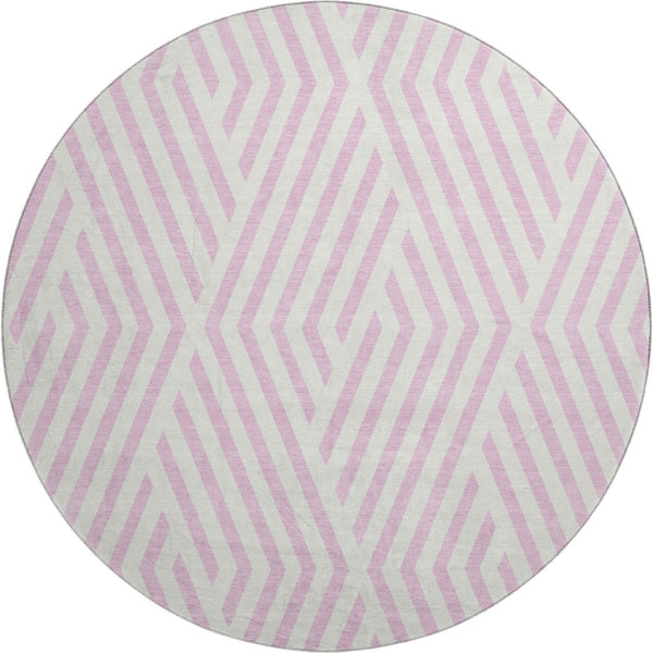HomeRoots 8' Pink and Ivory Geometric Washable Round Rug - Durable, UV-Protected, Soft Underfoot for Any Room 648583