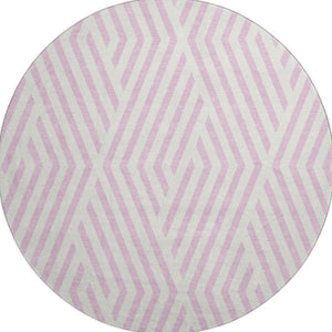 HomeRoots 8' Pink and Ivory Geometric Washable Round Rug - Durable, UV-Protected, Soft Underfoot for Any Room 648583