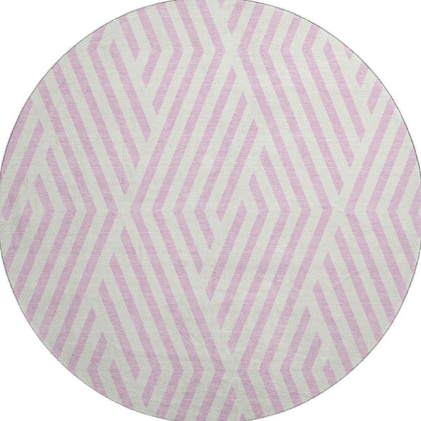HomeRoots 8' Pink and Ivory Geometric Washable Round Rug - Durable, UV-Protected, Soft Underfoot for Any Room 648583