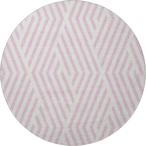 HomeRoots 8' Pink and Ivory Geometric Washable Round Rug - Durable, UV-Protected, Soft Underfoot for Any Room 648583