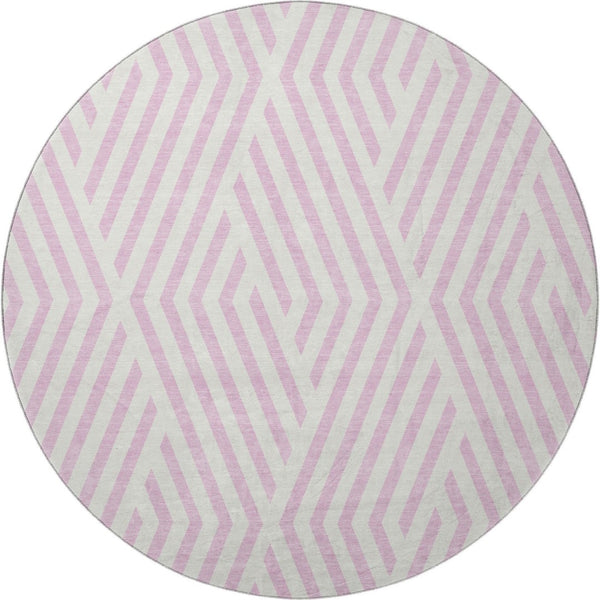 HomeRoots 8' Pink and Ivory Geometric Washable Round Rug - Durable, UV-Protected, Soft Underfoot for Any Room 648583