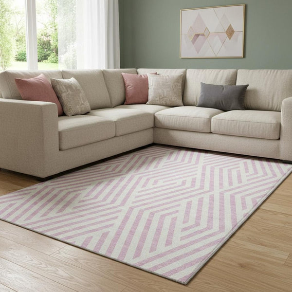 HomeRoots 9' X 12' Pink & Ivory Geometric Area Rug - Washable, Stain-Resistant, UV Protected for Modern Spaces 648585