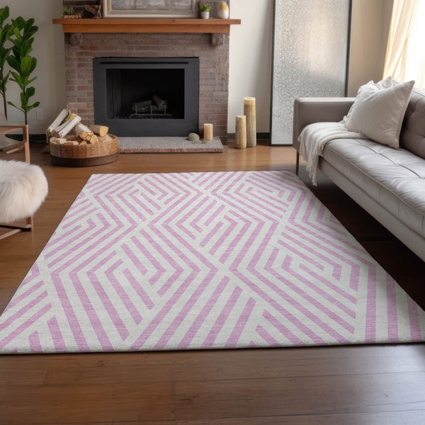 HomeRoots 10' X 14' Pink Geometric Area Rug - Durable, Washable, UV Protected - Perfect for Family Spaces! 648586