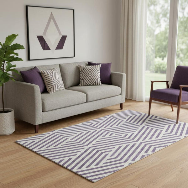 HomeRoots 5' X 8' Stylish Purple & Ivory Geometric Area Rug - Washable, UV Protected, Ideal for High-Traffic Homes 648588