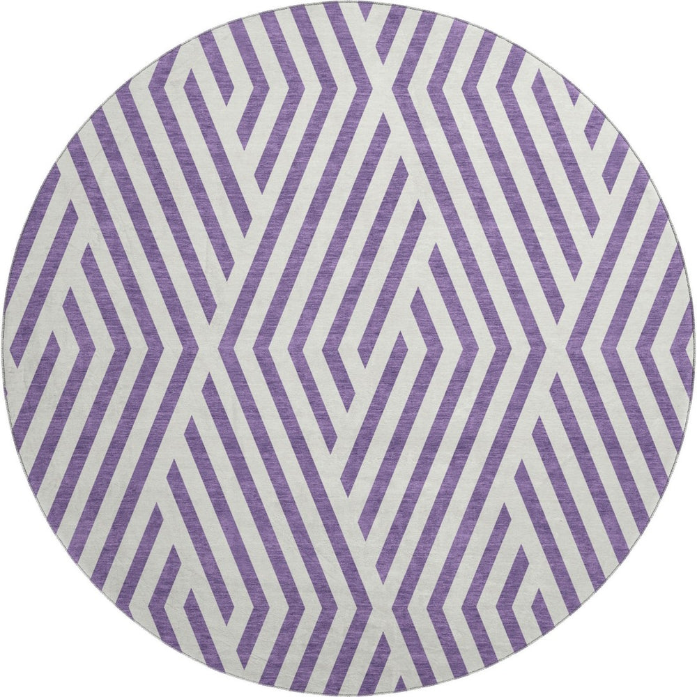 HomeRoots 8' Purple And Ivory Geometric Round Rug - Washable, UV-Protected, Durable for Modern Spaces! 648589