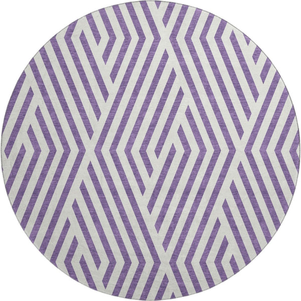 HomeRoots 8' Purple And Ivory Geometric Round Rug - Washable, UV-Protected, Durable for Modern Spaces! 648589