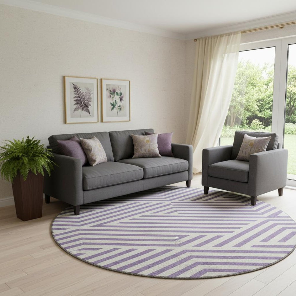 HomeRoots 8' Purple And Ivory Geometric Round Rug - Washable, UV-Protected, Durable for Modern Spaces! 648589