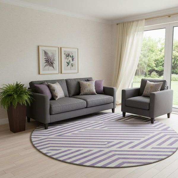 HomeRoots 8' Purple And Ivory Geometric Round Rug - Washable, UV-Protected, Durable for Modern Spaces! 648589