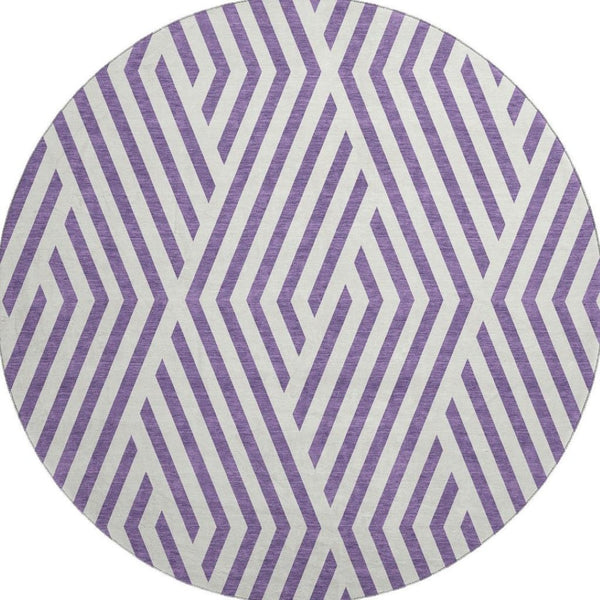 HomeRoots 8' Purple And Ivory Geometric Round Rug - Washable, UV-Protected, Durable for Modern Spaces! 648589