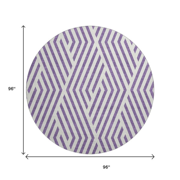 HomeRoots 8' Purple And Ivory Geometric Round Rug - Washable, UV-Protected, Durable for Modern Spaces! 648589
