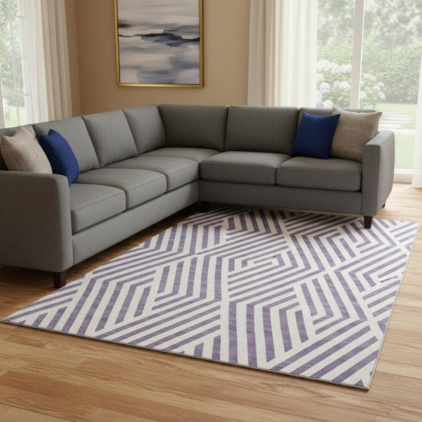 HomeRoots 10' X 14' Stylish Purple & Ivory Geometric Area Rug - Washable, UV-Protected, Pet-Friendly Design! 648592