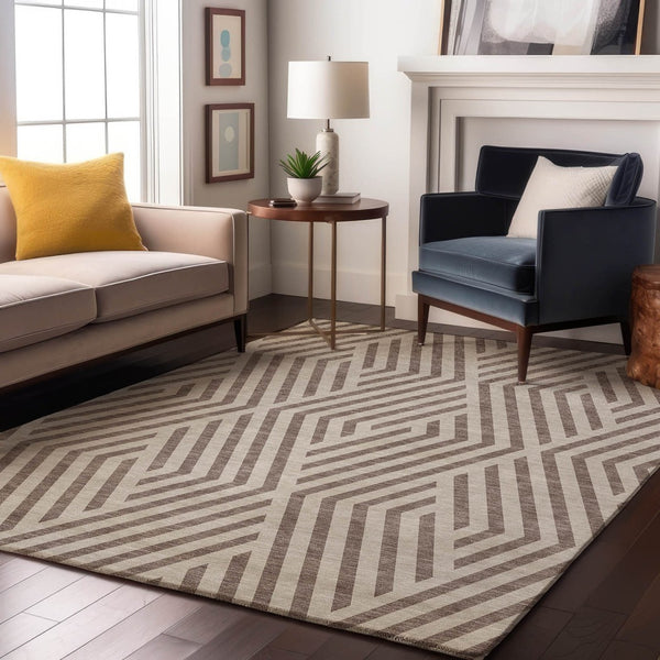 HomeRoots 5' X 8' Stylish Taupe and Ivory Geometric Area Rug - Washable, UV Protected, Durable for Homes 648594