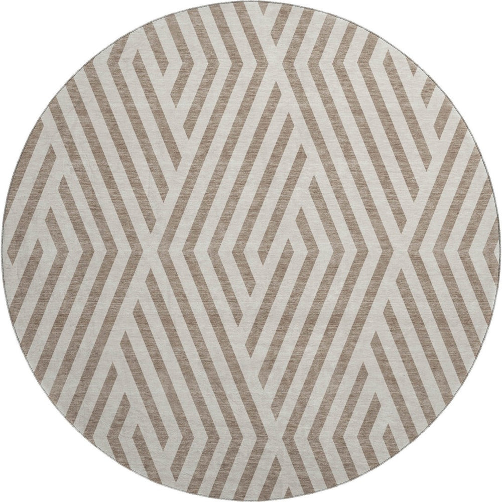 HomeRoots 8' Taupe and Ivory Geometric Round Rug - Washable, UV Protected, Stain Resistant for High Traffic Areas 648595