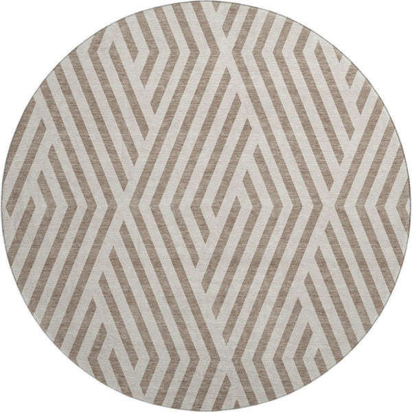 HomeRoots 8' Taupe and Ivory Geometric Round Rug - Washable, UV Protected, Stain Resistant for High Traffic Areas 648595