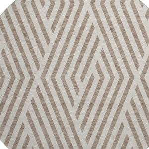 HomeRoots 8' Taupe and Ivory Geometric Round Rug - Washable, UV Protected, Stain Resistant for High Traffic Areas 648595