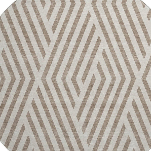 HomeRoots 8' Taupe and Ivory Geometric Round Rug - Washable, UV Protected, Stain Resistant for High Traffic Areas 648595
