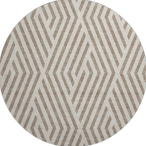 HomeRoots 8' Taupe and Ivory Geometric Round Rug - Washable, UV Protected, Stain Resistant for High Traffic Areas 648595