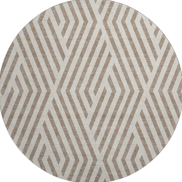 HomeRoots 8' Taupe and Ivory Geometric Round Rug - Washable, UV Protected, Stain Resistant for High Traffic Areas 648595