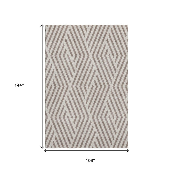 HomeRoots 9' X 12' Taupe & Ivory Geometric Area Rug - Washable, UV-Protected, Durable for Modern Spaces 648597