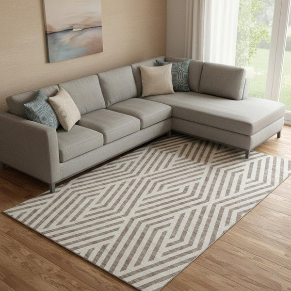 HomeRoots 9' X 12' Taupe & Ivory Geometric Area Rug - Washable, UV-Protected, Durable for Modern Spaces 648597