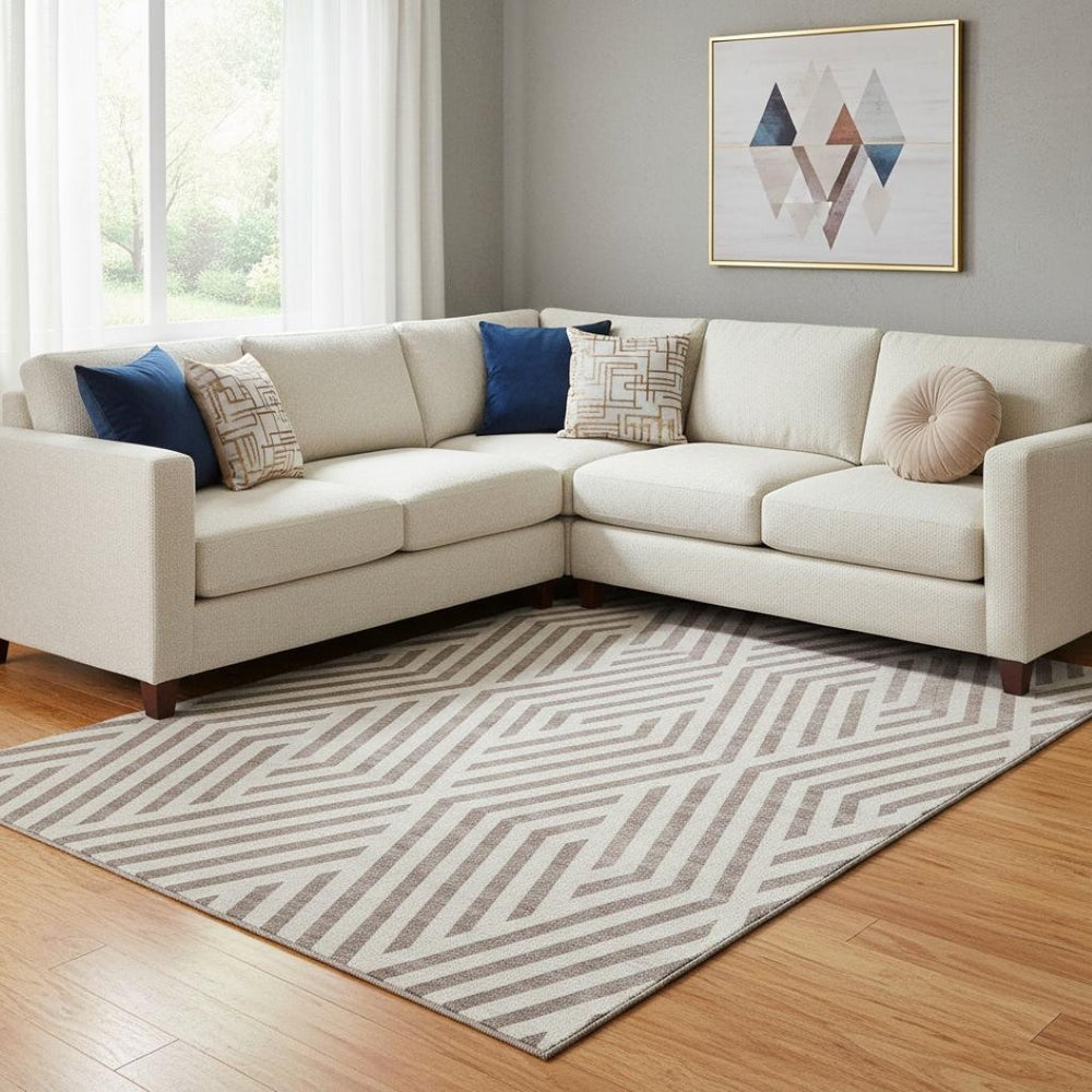 HomeRoots 10' X 14' Modern Taupe & Ivory Geometric Area Rug - Durable, Stain-Resistant, UV Protected Design 648598
